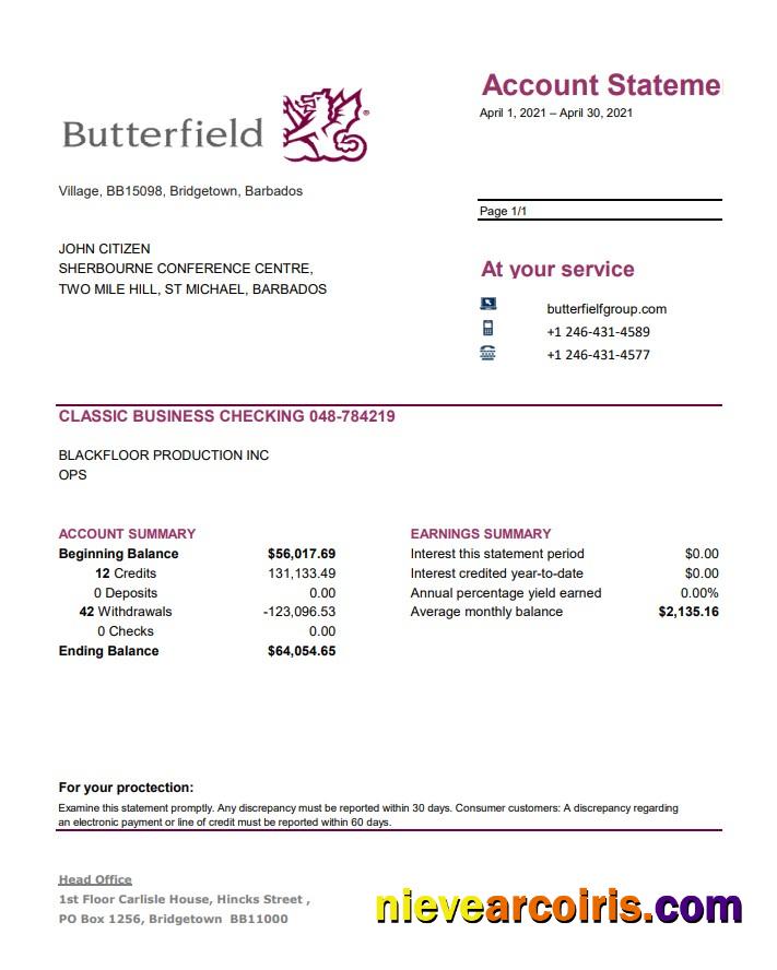 Barbados Butterfield bank statement easy to fill in .xls and .pdf file format